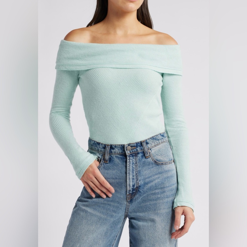 NWT Free People Autumn Cozy Off the Shoulder Waffle Stitch Bodysuit Harbor Sz XL